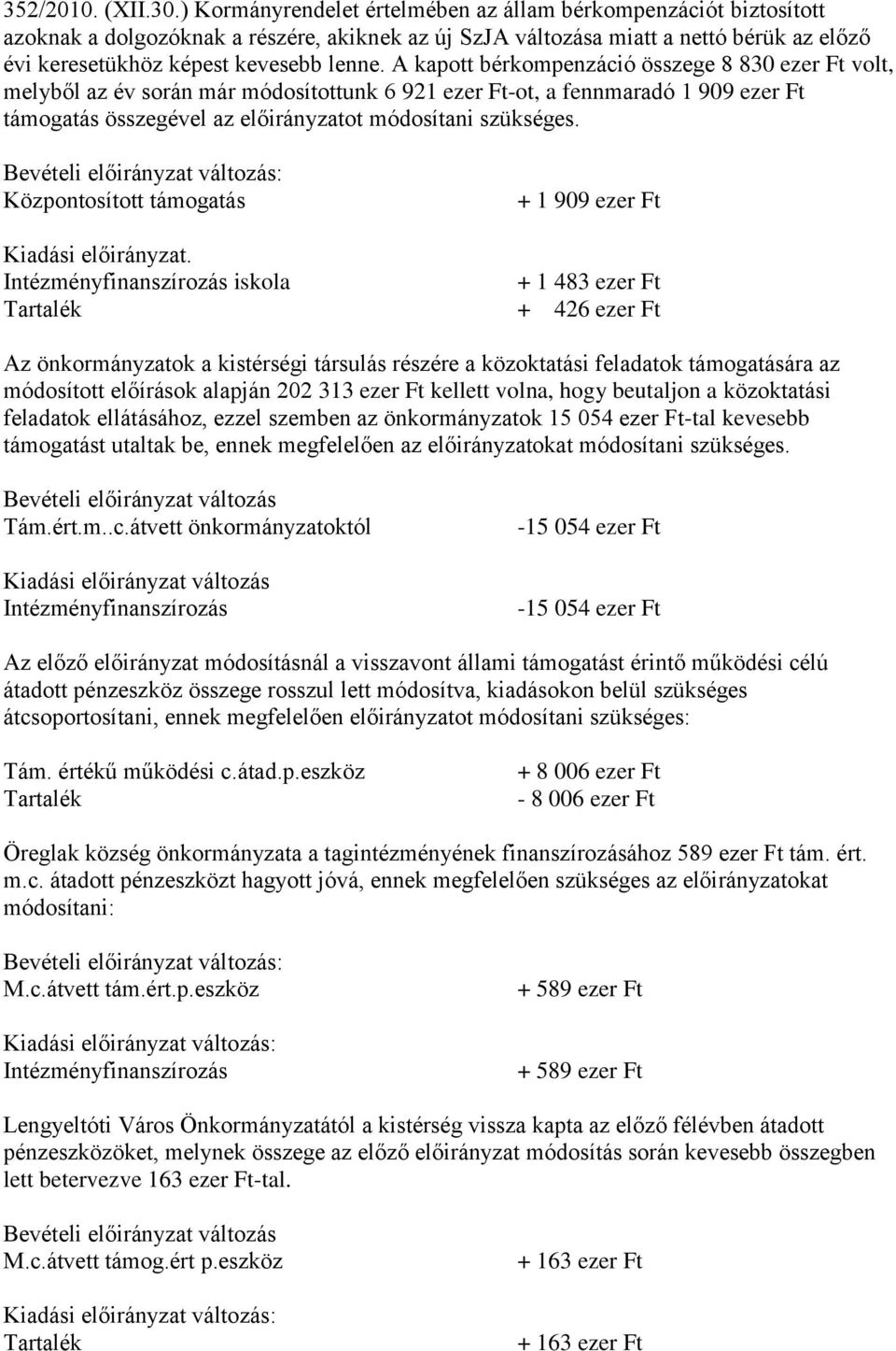 A kapott bérkompenzáció összege 8 830 ezer Ft volt, melyből az év során már módosítottunk 6 921 ezer Ft-ot, a fennmaradó 1 909 ezer Ft támogatás összegével az előirányzatot módosítani szükséges.