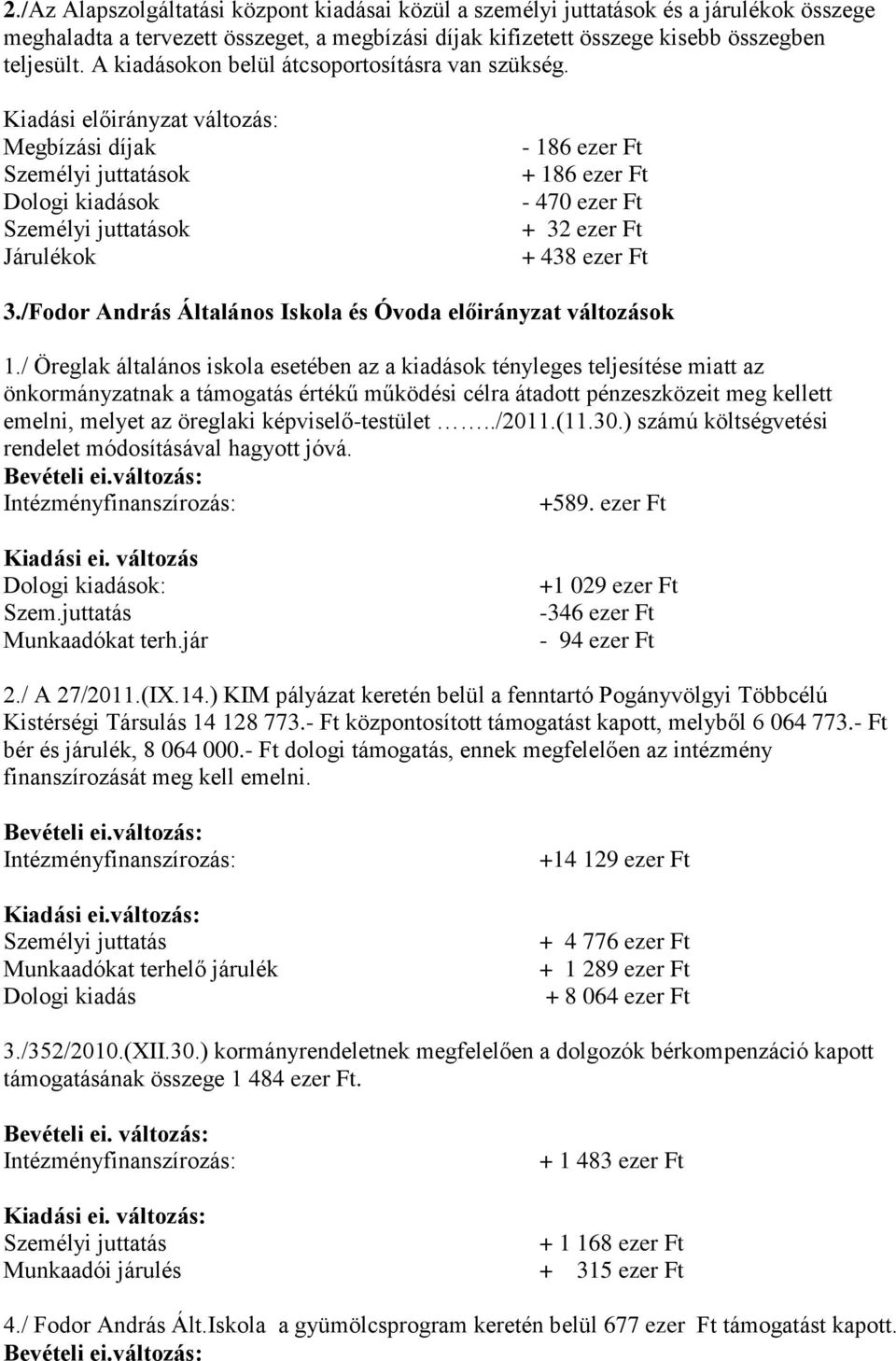 Kiadási előirányzat változás: Megbízási díjak Személyi juttatások Dologi kiadások Személyi juttatások Járulékok - 186 ezer Ft + 186 ezer Ft - 470 ezer Ft + 32 ezer Ft + 438 ezer Ft 3.