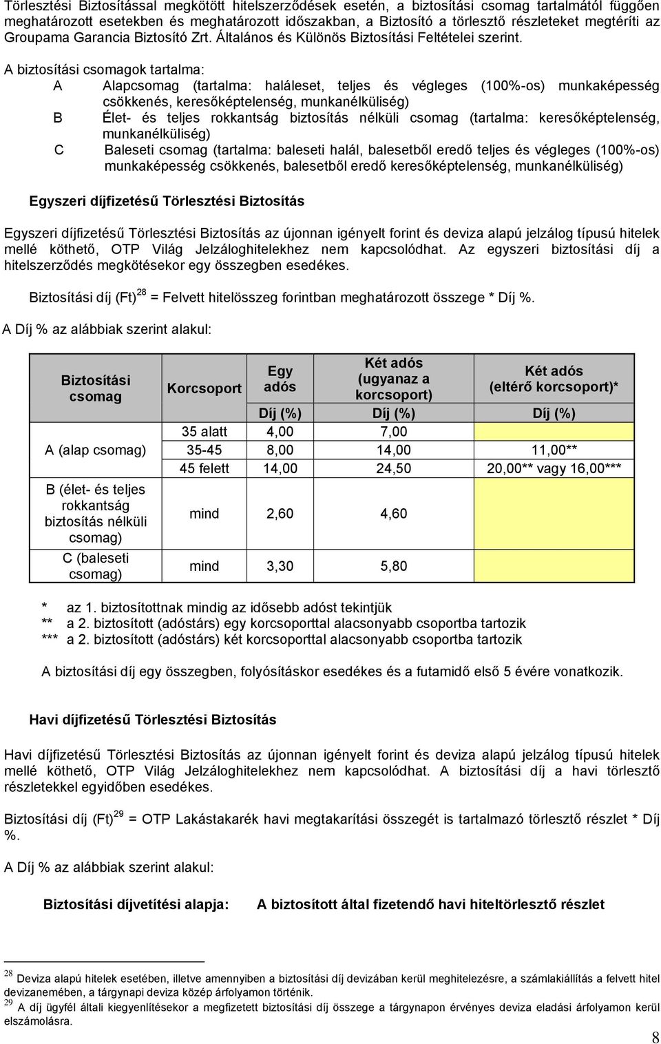 A biztosítási csomagok tartalma: A Alapcsomag (tartalma: haláleset, teljes és végleges (100%-os) munkaképesség csökkenés, keresőképtelenség, munkanélküliség) B Élet- és teljes rokkantság biztosítás