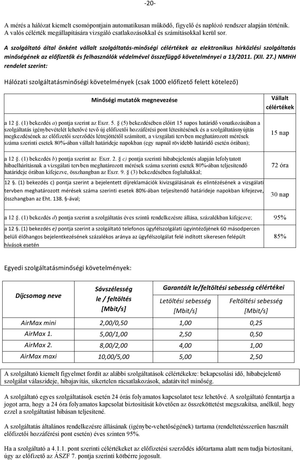 (XII. 27.) NMHH rendelet szerint: Hálózati szolgáltatásminőségi követelmények (csak 1000 előfizető felett kötelező) Minőségi mutatók megnevezése a 12. (1) bekezdés a) pontja szerint az Eszr. 5.