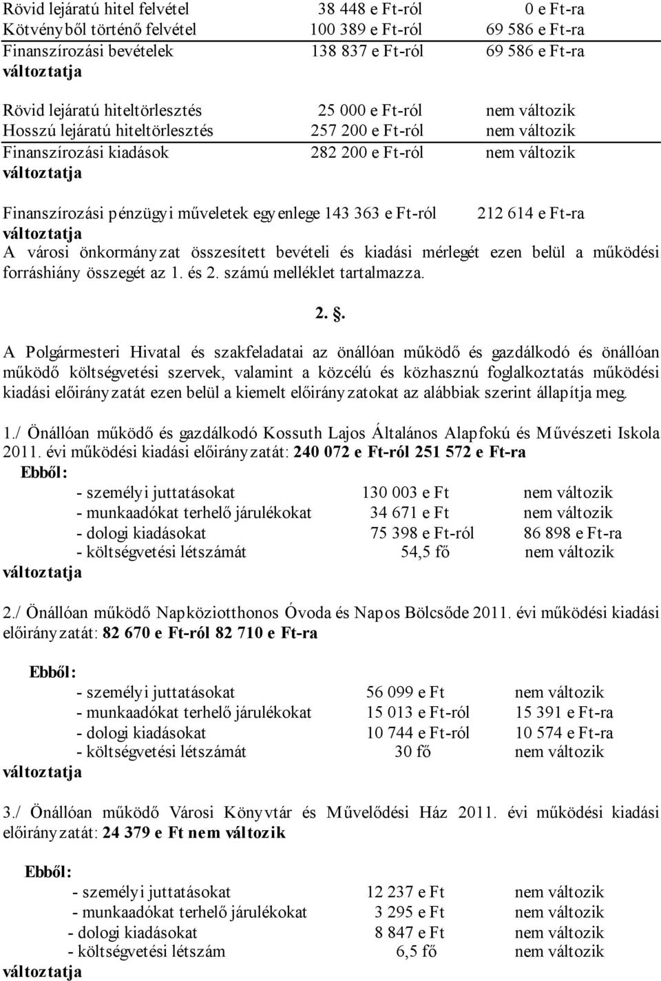 műveletek egyenlege 143 363 e Ft-ról 212 614 e Ft-ra változtatja A városi önkormányzat összesített bevételi és kiadási mérlegét ezen belül a működési forráshiány összegét az 1. és 2.