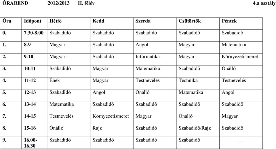 11-12 Ének Magyar Testnevelés Technika Testnevelés 5. 12-13 Szabadidő Angol Önálló Matematika Angol 6.