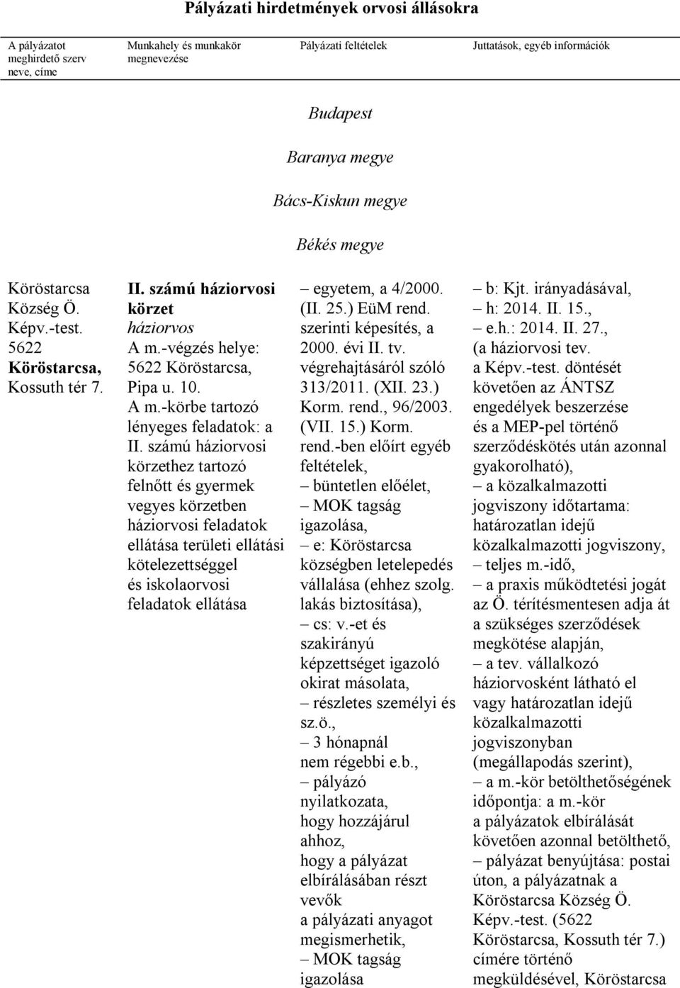 számú háziorvosi körzethez tartozó felnőtt és gyermek vegyes körzetben háziorvosi feladatok ellátása területi ellátási kötelezettséggel és iskolaorvosi feladatok ellátása egyetem, a 4/2000. (II. 25.