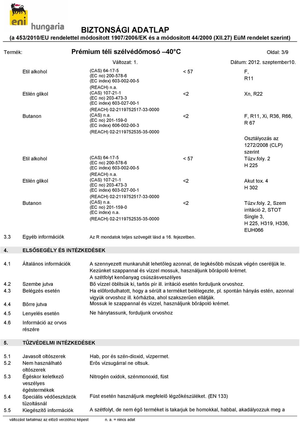 glikol (CAS) 107-21-1 (EC no) 203-473-3 (EC index) 603-027-00-1 (REACH) 02-2119752517-33-0000 Butanon (CAS) (EC no) 201-159-0 (EC index) (REACH) 02-2119752535-35-0000 3.