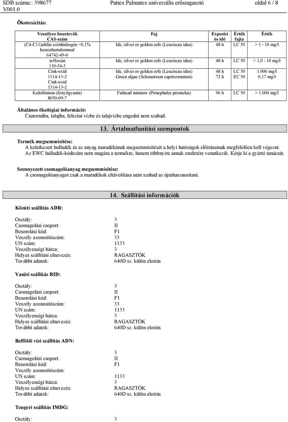 1,0-10 mg/l Ide, silver or golden orfe (Leuciscus idus) Green algae (Selenastrum capricornutum) 48 h 72 h LC 50 EC 50 1.000 mg/l 0,17 mg/l Fathead minnow (Pimephales promelas) 96 h LC 50 > 1.