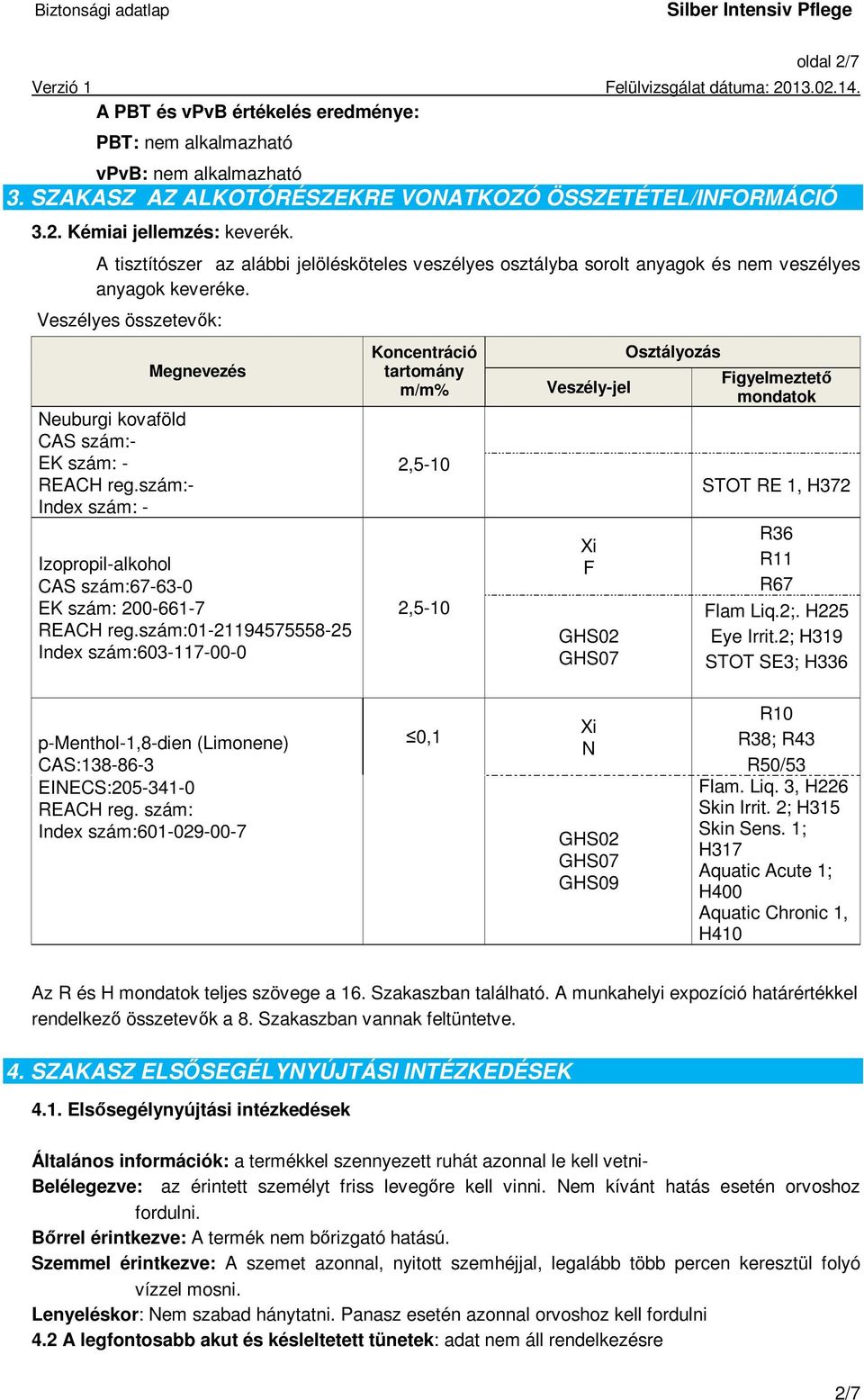 szám:- Index szám: - Megnevezés Izopropil-alkohol CAS szám:67-63-0 EK szám: 200-661-7 REACH reg.