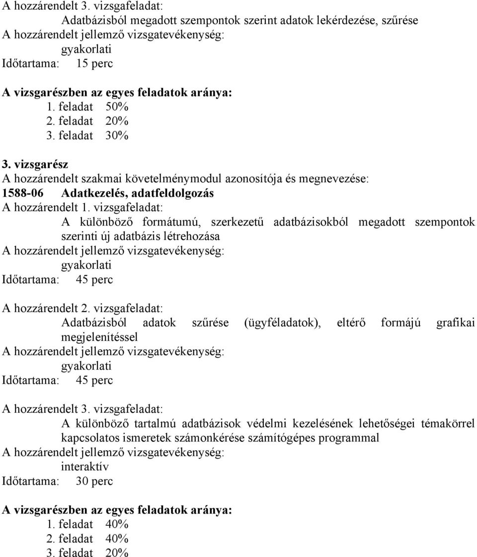 aránya: 1. feladat 50% 2. feladat 20% 3. feladat 30% 3. vizsgarész A hozzárendelt szakmai követelménymodul azonosítója és megnevezése: 1588-06 Adatkezelés, adatfeldolgozás A hozzárendelt 1.