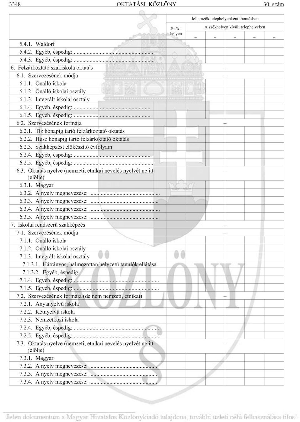 2.2. Húsz hónapig tartó felzárkóztató oktatás 6.2.3. Szakképzést elõkészítõ évfolyam 6.2.4. Egyéb, éspedig:... 6.2.5. Egyéb, éspedig:... 6.3. Oktatás nyelve (nemzeti, etnikai nevelés nyelvét ne itt jelölje) 6.