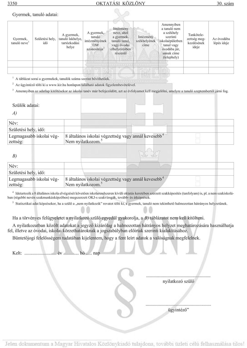 tanuló tanul, vagy óvodai elhelyezésben részesül Intézmény székhelyének címe Amennyiben a tanuló nem a székhely szerinti iskolaépületben tanul vagy óvodába jár, annak címe (telephely)