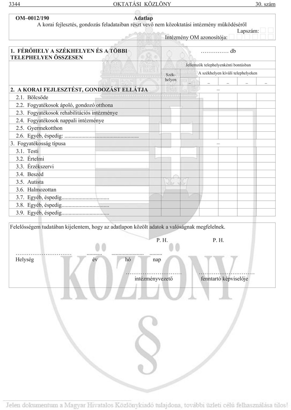 3. Fogyatékosok rehabilitációs intézménye 2.4. Fogyatékosok nappali intézménye 2.5. Gyermekotthon 2.6. Egyéb, éspedig:... 3. Fogyatékosság típusa 3.1. Testi 3.2. Értelmi 3.3. Érzékszervi 3.4. Beszéd 3.