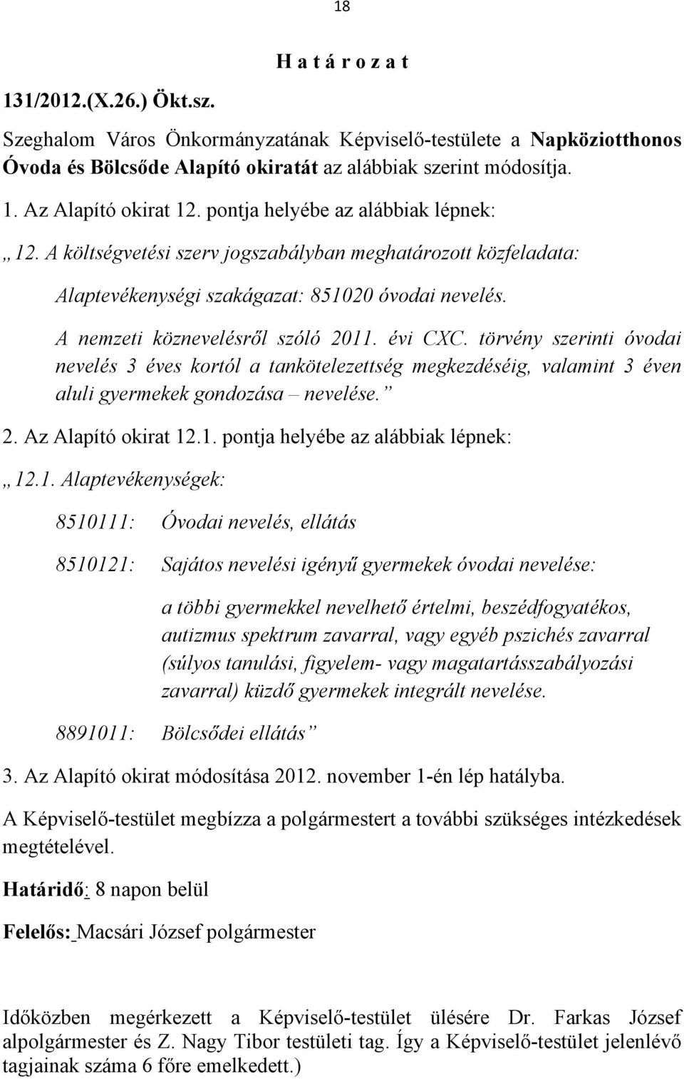 törvény szerinti óvodai nevelés 3 éves kortól a tankötelezettség megkezdéséig, valamint 3 éven aluli gyermekek gondozása nevelése. 2. Az Alapító okirat 12