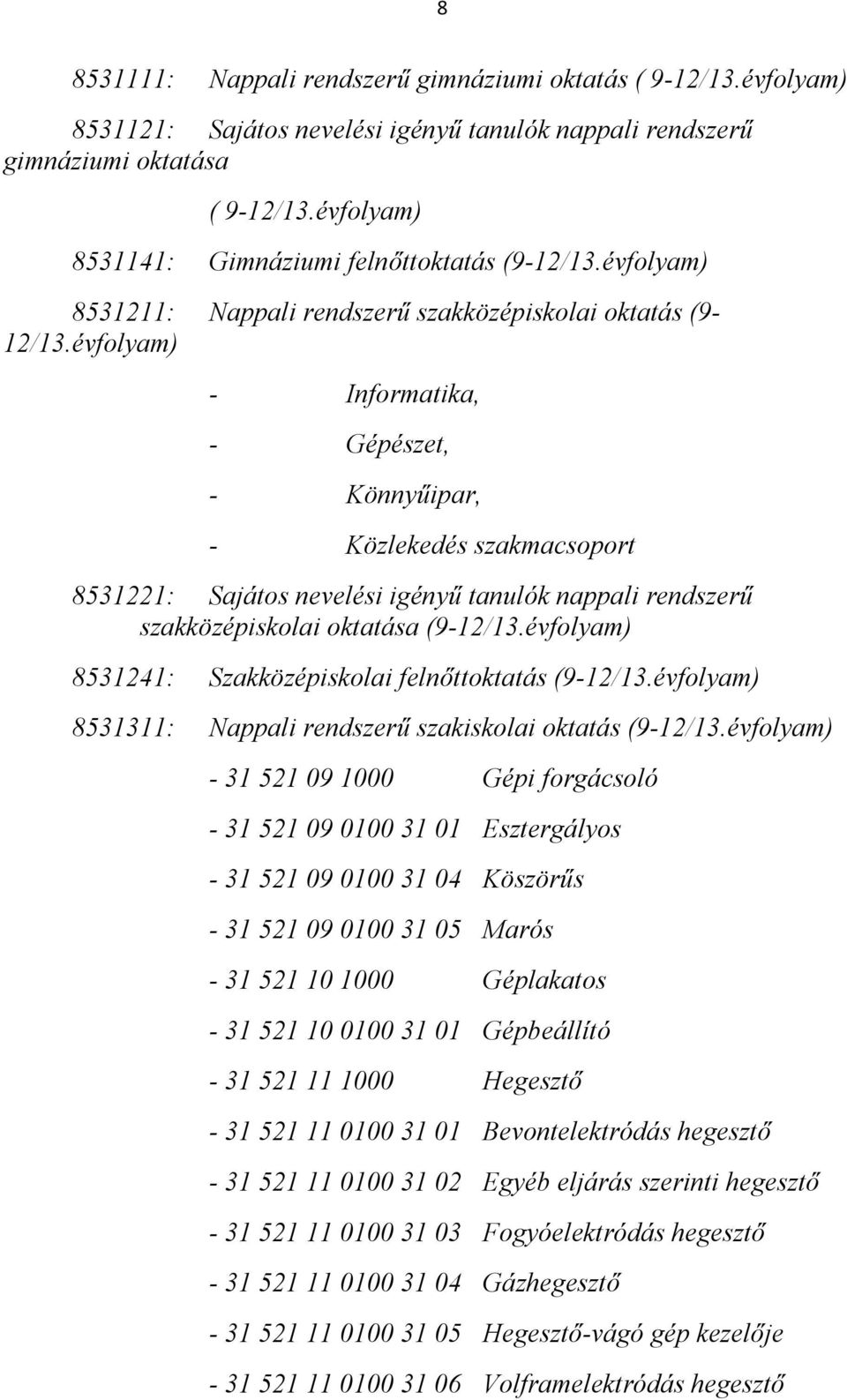 évfolyam) - Informatika, - Gépészet, - Könnyűipar, - Közlekedés szakmacsoport 8531221: Sajátos nevelési igényű tanulók nappali rendszerű szakközépiskolai oktatása (9-12/13.