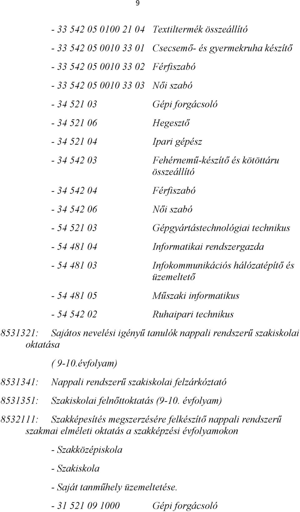 04 Informatikai rendszergazda - 54 481 03 Infokommunikációs hálózatépítő és üzemeltető - 54 481 05 Műszaki informatikus - 54 542 02 Ruhaipari technikus 8531321: Sajátos nevelési igényű tanulók