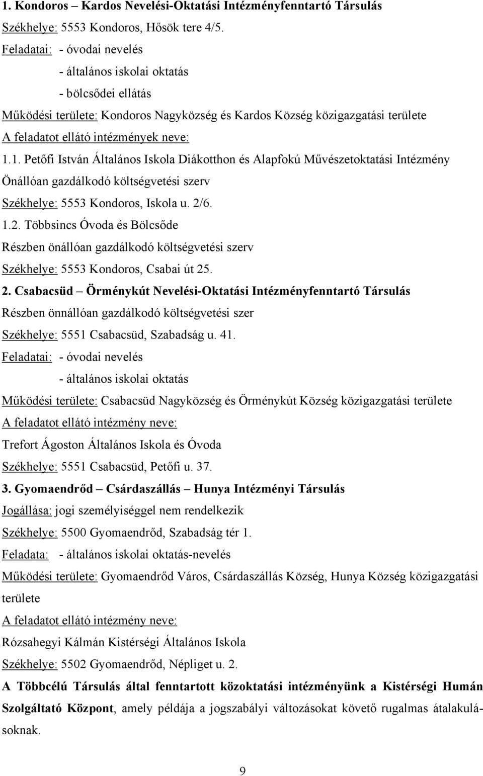 1. Petőfi István Általános Iskola Diákotthon és Alapfokú Művészetoktatási Intézmény Önállóan gazdálkodó költségvetési szerv Székhelye: 5553 Kondoros, Iskola u. 2/