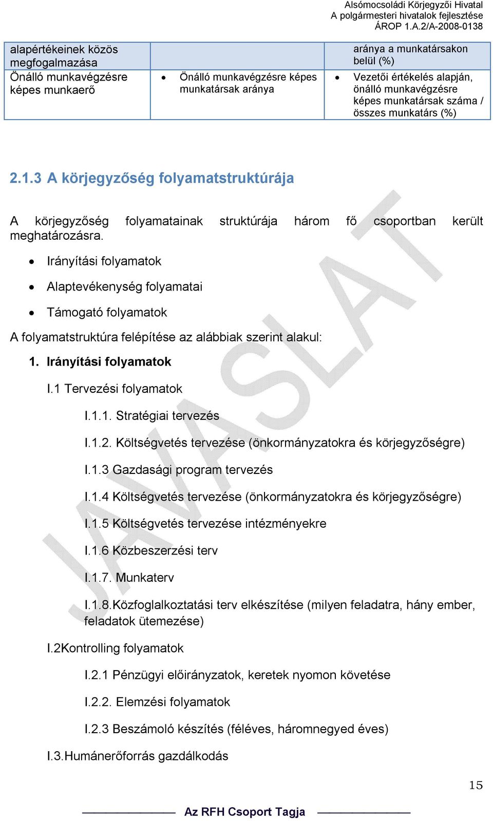 Irányítási folyamatok Alaptevékenység folyamatai Támogató folyamatok A folyamatstruktúra felépítése az alábbiak szerint alakul: 1. Irányítási folyamatok I.1 Tervezési folyamatok I.1.1. Stratégiai tervezés I.