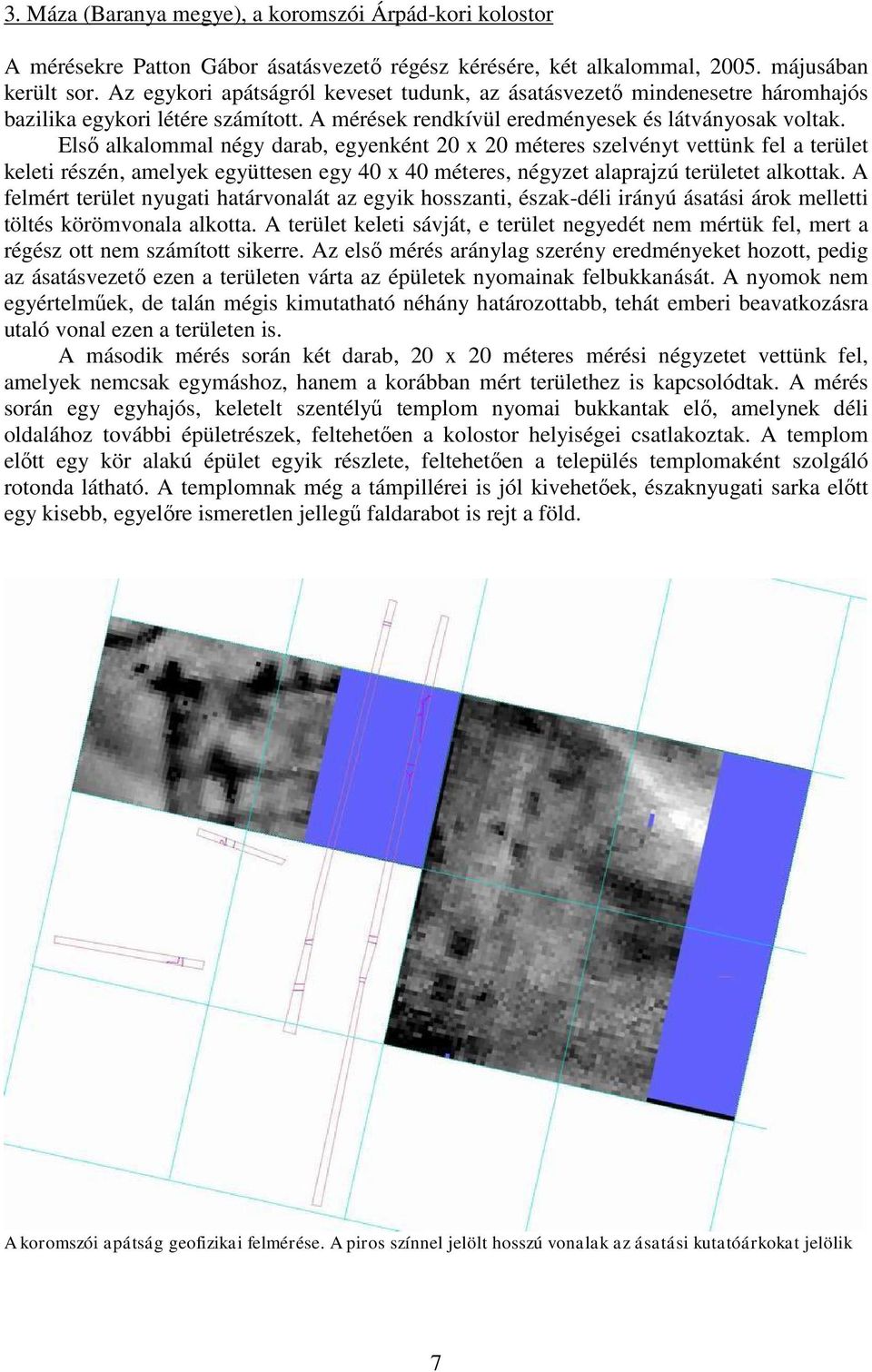 Első alkalommal négy darab, egyenként 20 x 20 méteres szelvényt vettünk fel a terület keleti részén, amelyek együttesen egy 40 x 40 méteres, négyzet alaprajzú területet alkottak.