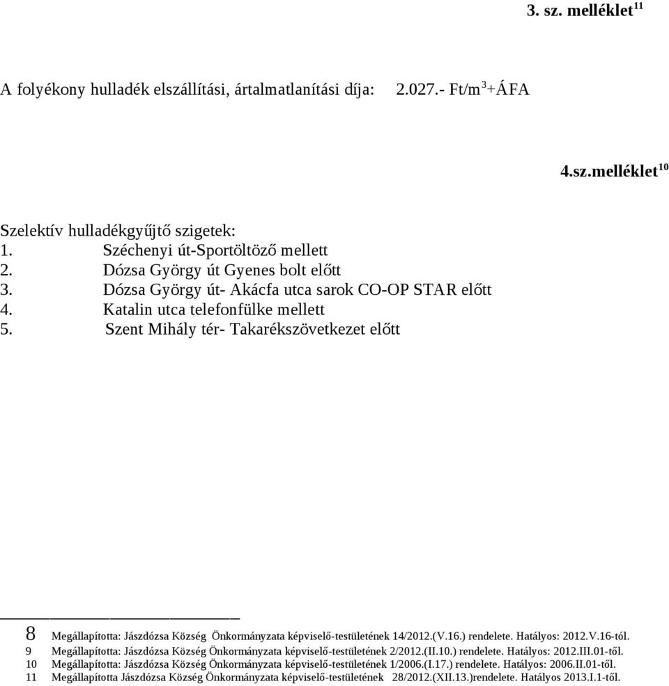 Szent Mihály tér- Takarékszövetkezet előtt 8 Megállapította: Jászdózsa Község Önkormányzata képviselő-testületének 14/2012.(V.16.) rendelete. Hatályos: 2012.V.16-tól.