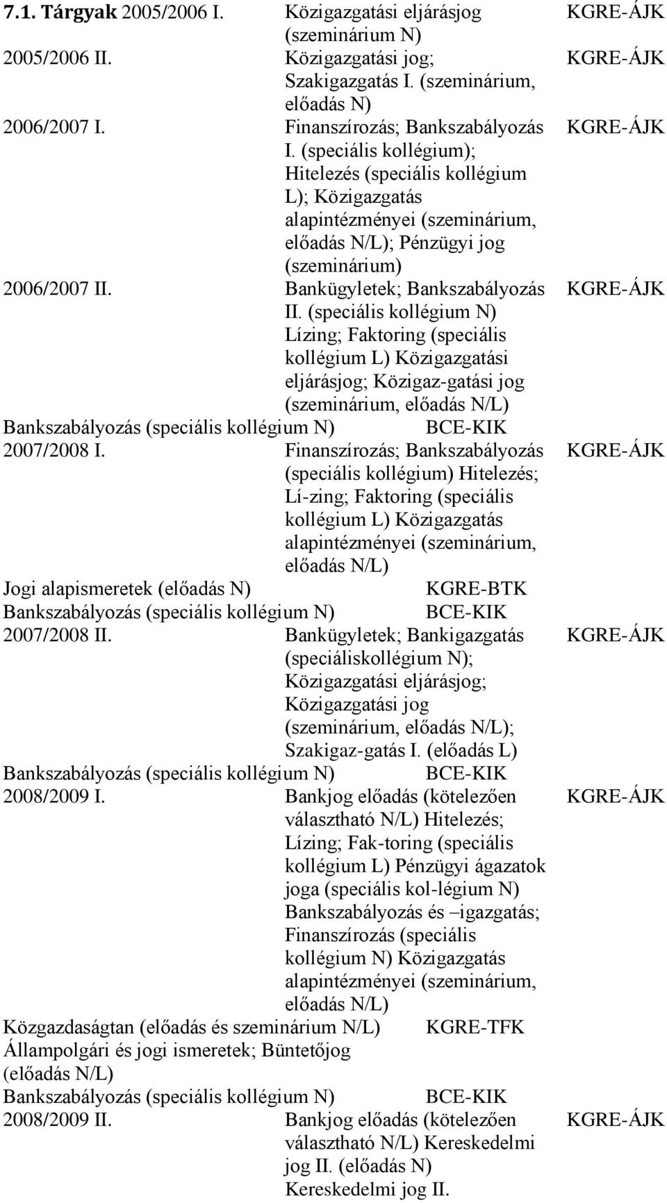 (speciális kollégium N) Lízing; Faktoring (speciális kollégium L) Közigazgatási eljárásjog; Közigaz-gatási jog (szeminárium, előadás N/L) 2007/2008 I.