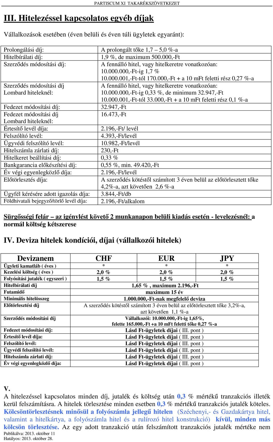 000,-Ft + a 10 mft feletti rész 0,27 %-a Szerződés módosítási díj Lombard hiteleknél: A fennálló hitel, vagy hitelkeretre vonatkozóan: 10.000.000,-Ft-ig 0,33 %, de minimum 32.947,-Ft 10.000.001,-Ft-tól 33.