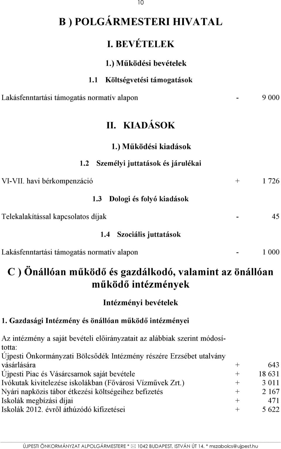 4 Szociális juttatások Lakásfenntartási támogatás normatív alapon - 1 000 C ) Önállóan működő és gazdálkodó, valamint az önállóan működő intézmények Intézményi bevételek 1.