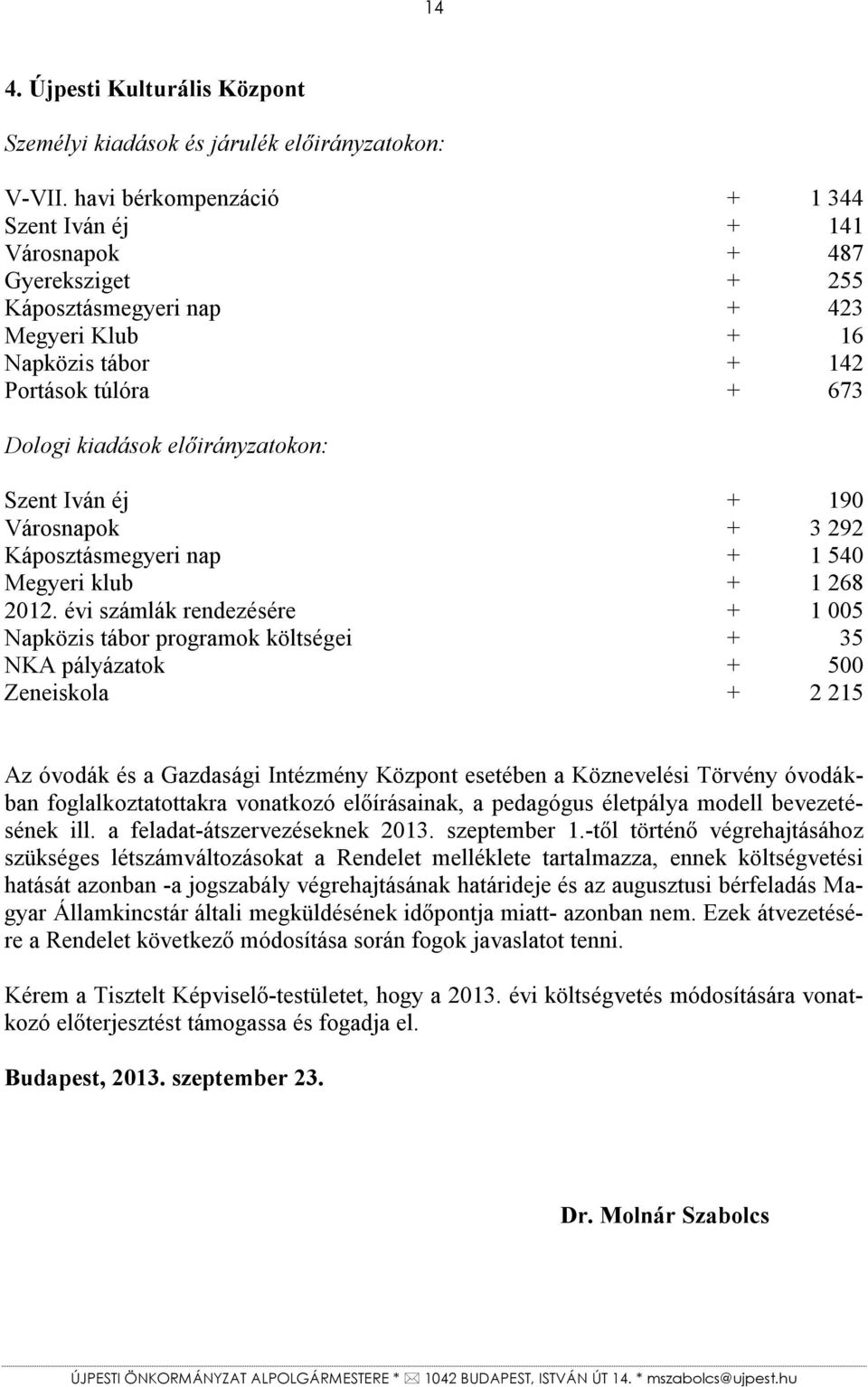 előirányzatokon: Szent Iván éj + 190 Városnapok + 3 292 Káposztásmegyeri nap + 1 540 Megyeri klub + 1 268 2012.