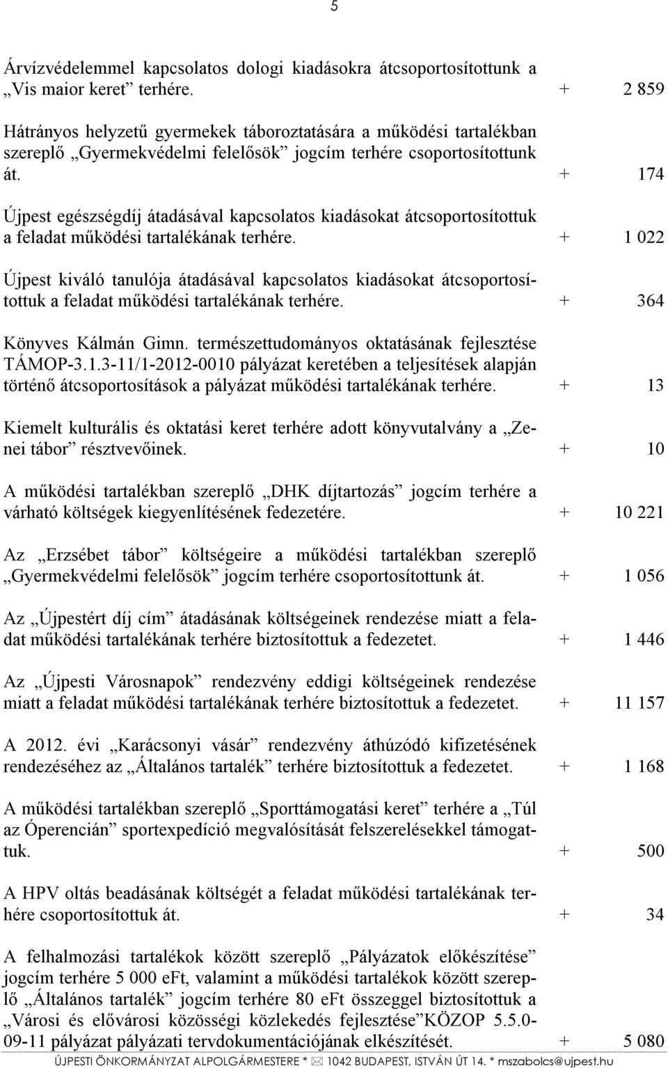 + 174 Újpest egészségdíj átadásával kapcsolatos kiadásokat átcsoportosítottuk a feladat működési tartalékának terhére.