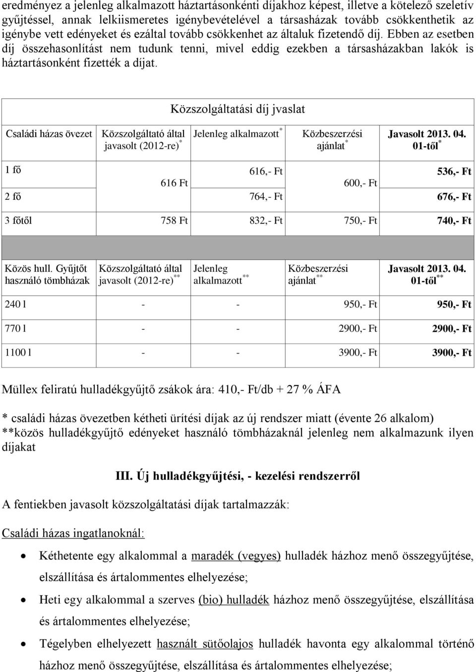 Közszolgáltatási díj jvaslat Családi házas övezet Közszolgáltató által javasolt (2012-re) * Jelenleg alkalmazott * Közbeszerzési ajánlat * Javasolt 2013. 04.