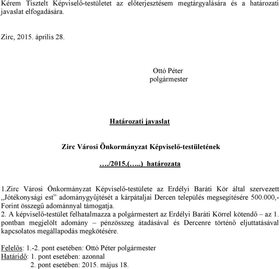Zirc Városi Önkormányzat Képviselő-testülete az Erdélyi Baráti Kör által szervezett Jótékonysági est adománygyűjtését a kárpátaljai Dercen település megsegítésére 500.