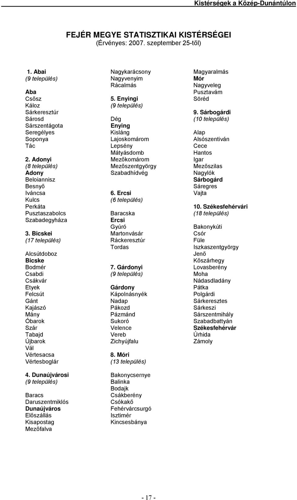 Sárbogárdi Sárosd Dég (10 település) Sárszentágota Enying Seregélyes Kisláng Alap Soponya Lajoskomárom Alsószentiván Tác Lepsény Cece Mátyásdomb Hantos 2.