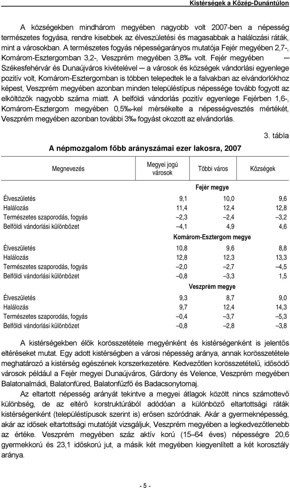 Fejér megyében Székesfehérvár és Dunaújváros kivételével a városok és községek vándorlási egyenlege pozitív volt, Komárom-Esztergomban is többen telepedtek le a falvakban az elvándorlókhoz képest,