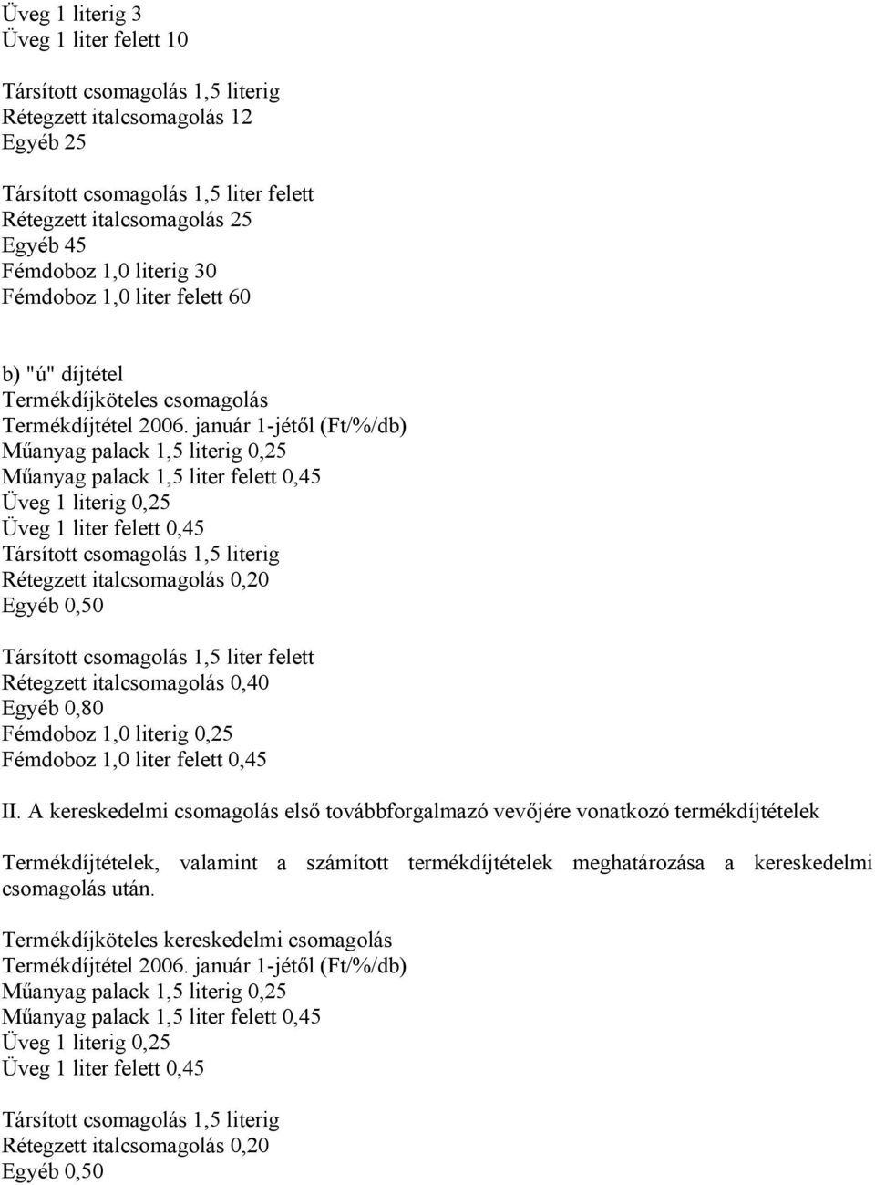 január 1-jétől (Ft/%/db) Műanyag palack 1,5 literig 0,25 Műanyag palack 1,5 liter felett 0,45 Üveg 1 literig 0,25 Üveg 1 liter felett 0,45 Társított csomagolás 1,5 literig Rétegzett italcsomagolás