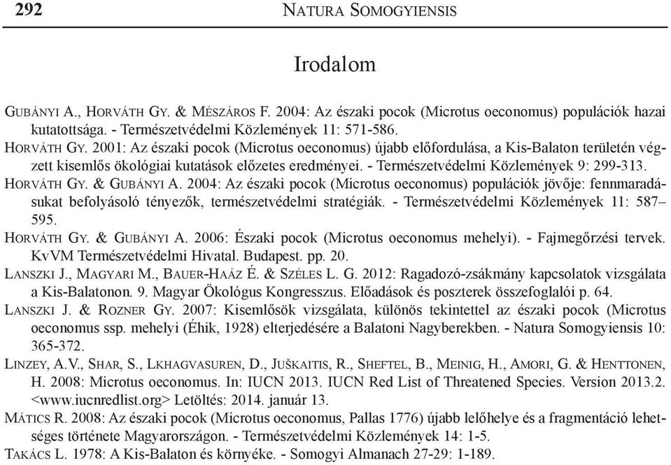 2001: Az északi pocok (Microtus oeconomus) újabb előfordulása, a Kis-Balaton területén végzett kisemlős ökológiai kutatások előzetes eredményei. - Természetvédelmi Közlemények 9: 299-313. Horváth Gy.