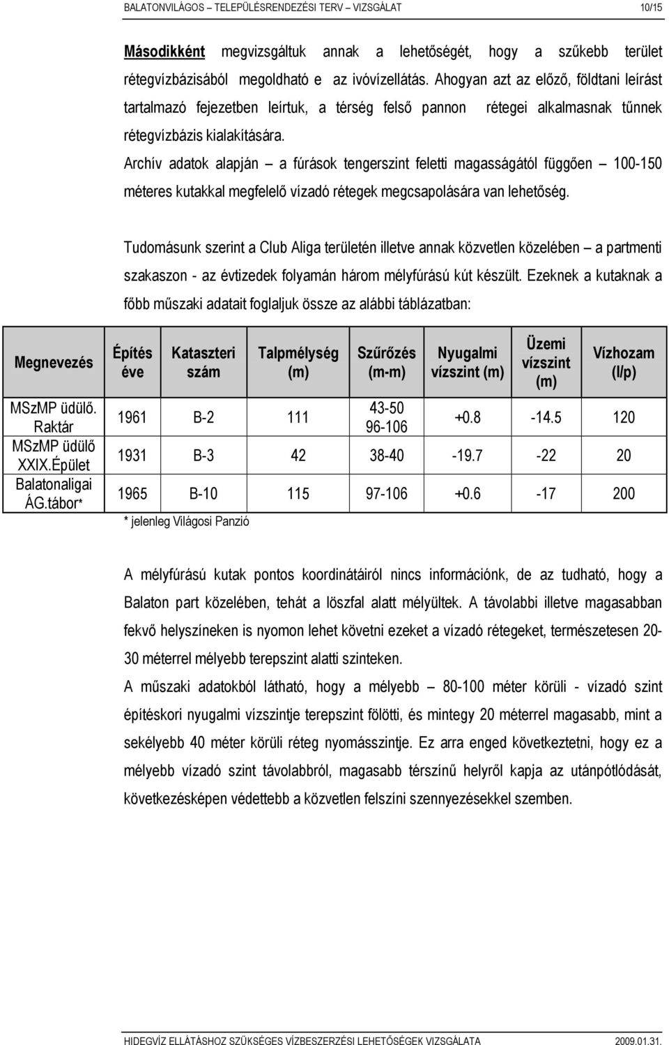 Archív adatok alapján a fúrások tengerszint feletti magasságától függıen 100-150 méteres kutakkal megfelelı vízadó rétegek megcsapolására van lehetıség.