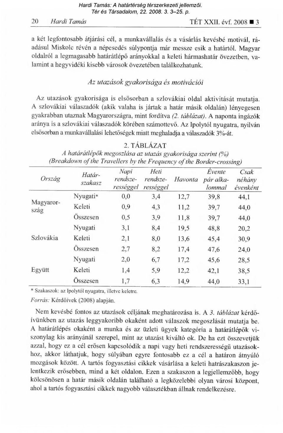 Az utazások gyakorisága és motivációi Az utazások gyakorisága is els ősorban a szlovákiai oldal aktivitását mutatja.