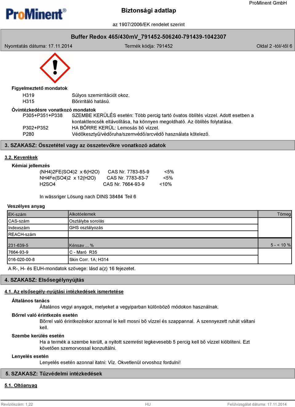 Az öblítés folytatása. P302+P352 HA BŐRRE KERÜL: Lemosás bő vízzel. P280 Védőkesztyű/védőruha/szemvédő/arcvédő használata kötelező. 3. SZAKASZ: Összetétel vagy az összetevőkre vonatkozó adatok 3.2. Keverékek Kémiai jellemzés (NH4)2FE(SO4)2 x 6(H2O) CAS Nr.