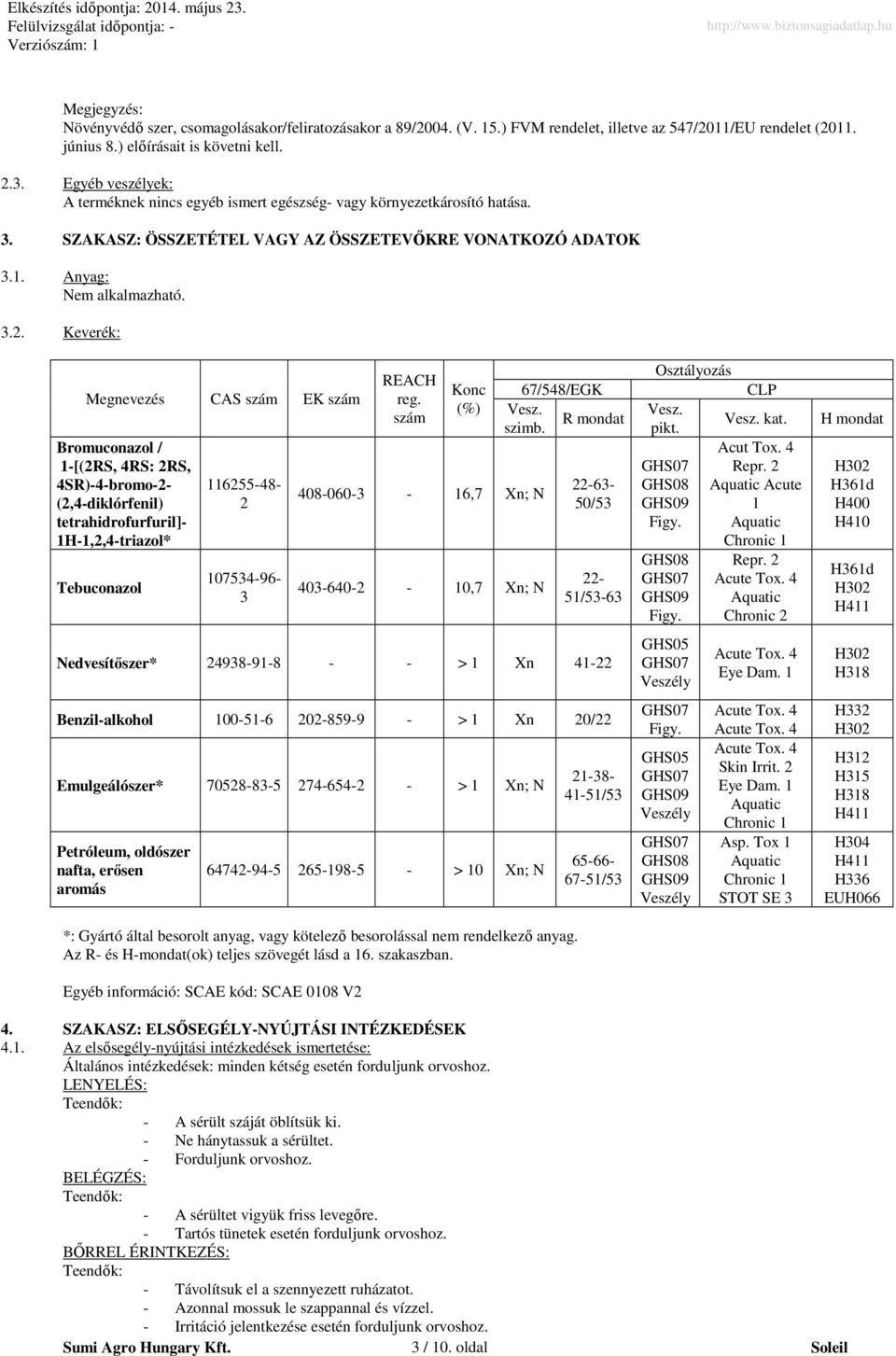 Keverék: Megnevezés CAS szám EK szám Bromuconazol / 1-[(2RS, 4RS: 2RS, 4SR)-4-bromo-2- (2,4-diklórfenil) tetrahidrofurfuril]- 1H-1,2,4-triazol* Tebuconazol 116255-48- 2 107534-96- 3 REACH reg.