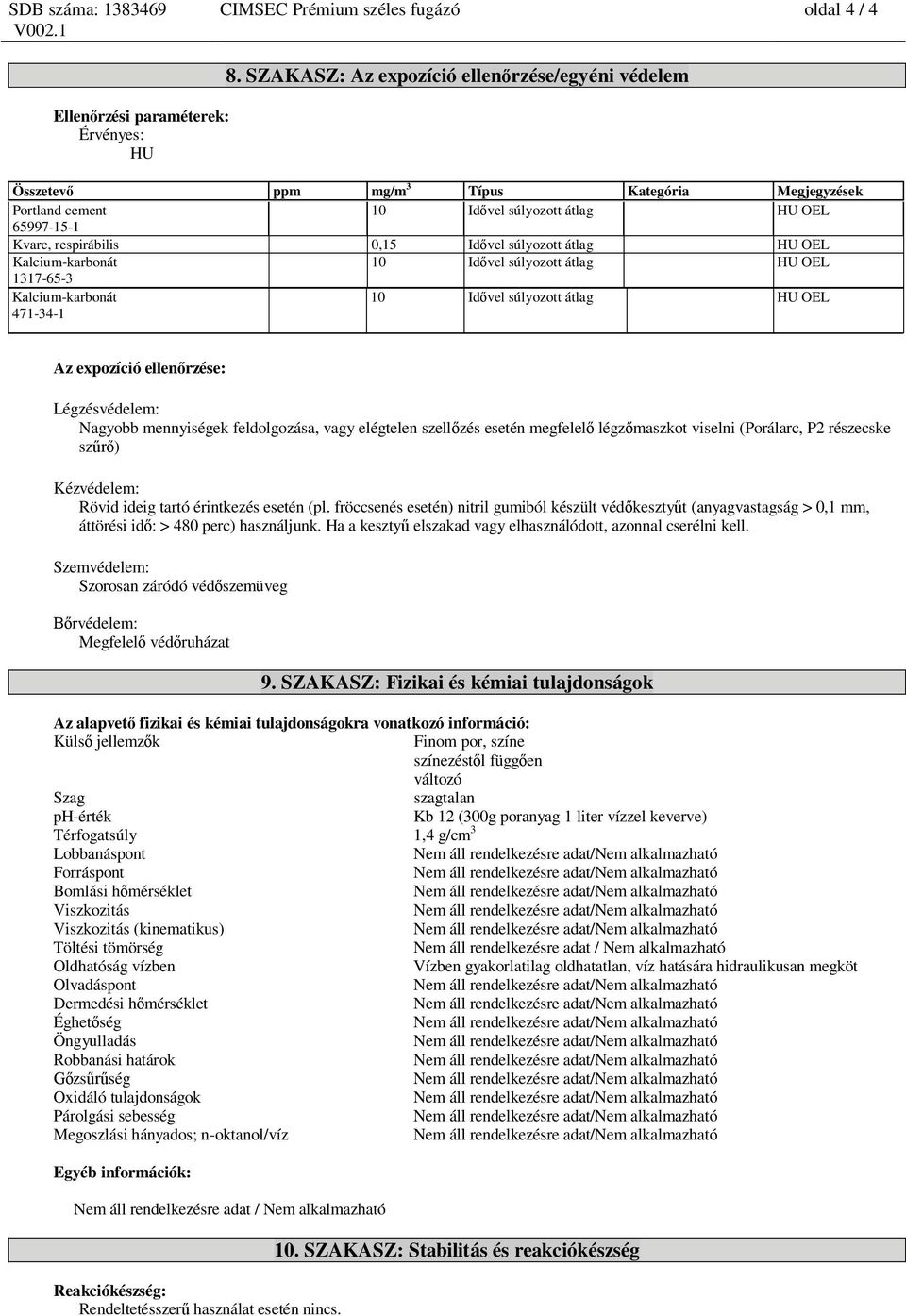 OEL Kalcium-karbonát 10 Id vel súlyozott átlag HU OEL 1317-65-3 Kalcium-karbonát 471-34-1 10 Id vel súlyozott átlag HU OEL ortland cement 10 Az expozíció ellen rzése: Légzésvédelem: Nagyobb