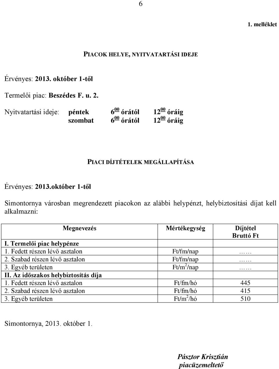 október 1-től Simontornya városban megrendezett piacokon az alábbi helypénzt, helybiztosítási díjat kell alkalmazni: Megnevezés Mértékegység Díjtétel Bruttó Ft I. Termelői piac helypénze 1.