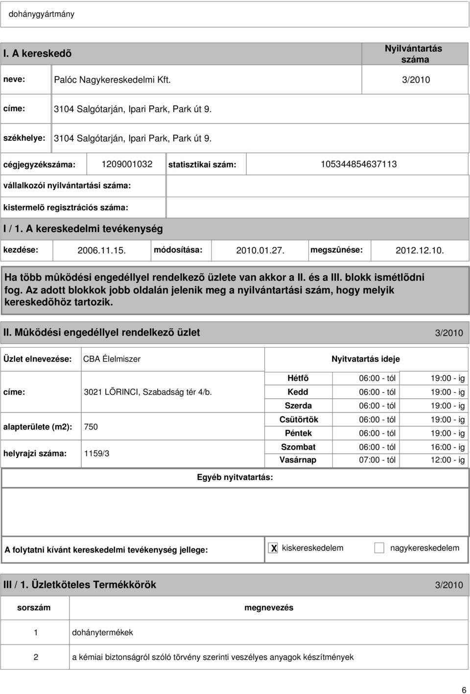 Mûködési engedéllyel rendelkezõ üzlet 3/010 CBA Élelmiszer címe: 301 LÕRINCI, Szabadság tér 4/b.