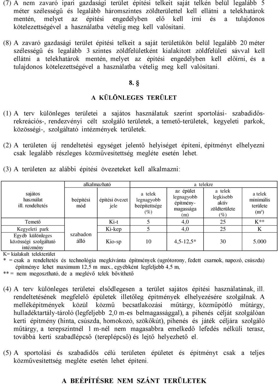 (8) A zavaró gazdasági terület építési telkeit a saját területükön belül legalább 20 méter szélességű és legalább 3 szintes zöldfelületként kialakított zöldfelületi sávval kell ellátni a telekhatárok