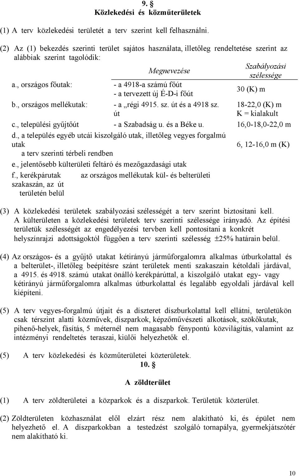 , országos főutak: - a 4918-a számú főút - a tervezett új É-D-i főút 30 (K) m b., országos mellékutak: - a régi 4915. sz. út és a 4918 sz. út 18-22,0 (K) m K = kialakult c.