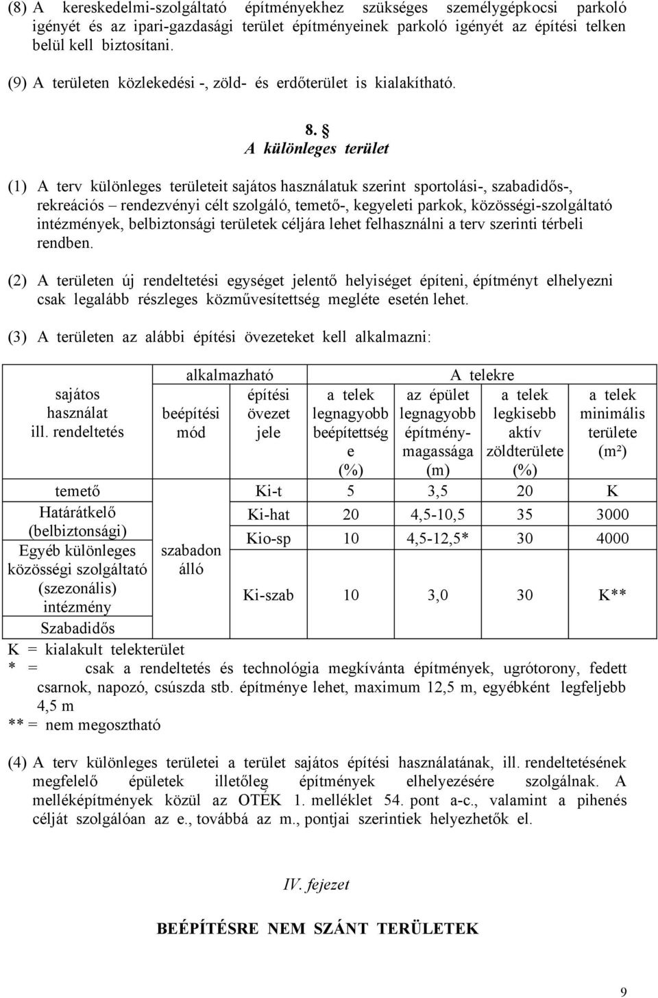 A különleges terület (1) A terv különleges területeit sajátos használatuk szerint sportolási-, szabadidős-, rekreációs rendezvényi célt szolgáló, temető-, kegyeleti parkok, közösségi-szolgáltató