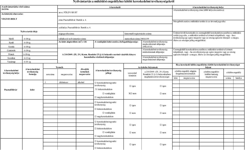 Hétfő 6-18-ig vállalkozói nyilvántartás száma: statisztikai száma:20816199 Kedd 6-18-ig Az alapterülete (m 2 ): 126 A vendéglátó esetén a befogadóképessége: Szerda 6-18-ig 1996.