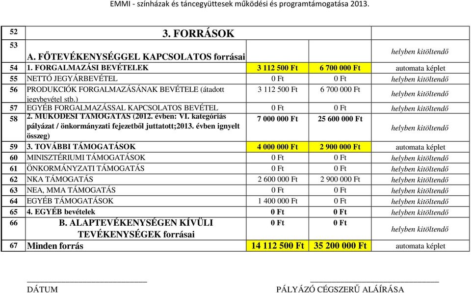 jegybevétel stb.) helyben kitöltendı 57 EGYÉB FORGALMAZÁSSAL KAPCSOLATOS BEVÉTEL 0 Ft 0 Ft helyben kitöltendı 58 2. MŐKÖDÉSI TÁMOGATÁS (2012. évben: VI.