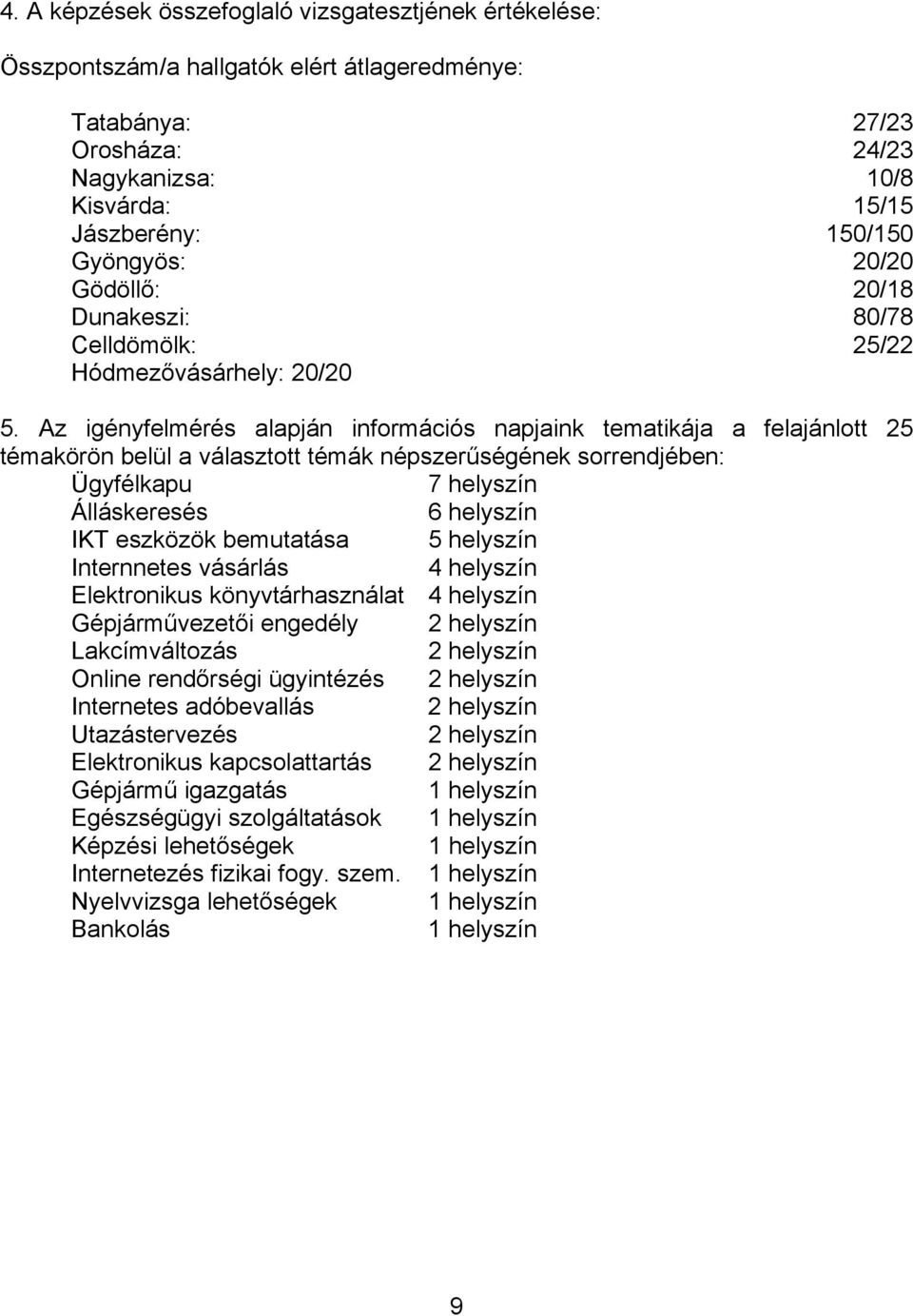 Az igényfelmérés alapján információs napjaink tematikája a felajánlott 25 témakörön belül a választott témák népszerűségének sorrendjében: Ügyfélkapu 7 helyszín Álláskeresés 6 helyszín IKT eszközök