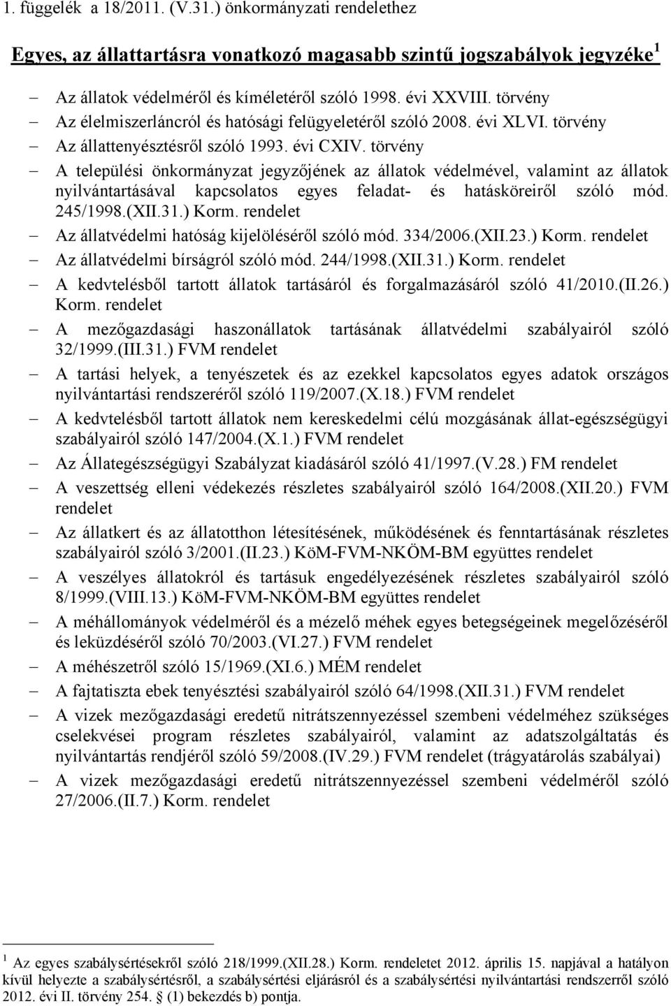 törvény A települési önkormányzat jegyzőjének az állatok védelmével, valamint az állatok nyilvántartásával kapcsolatos egyes feladat- és hatásköreiről szóló mód. 245/1998.(XII.31.) Korm.