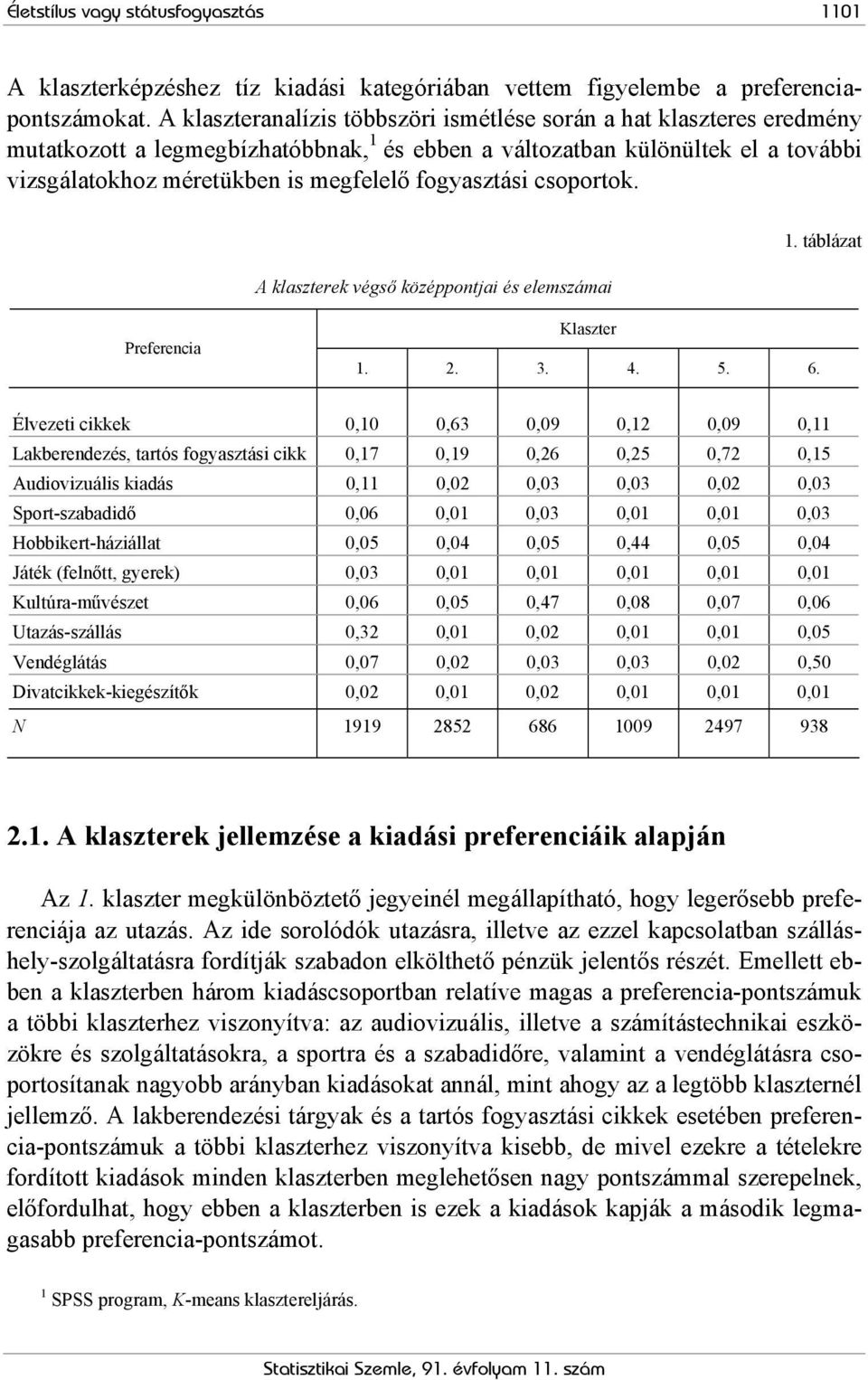 fogyasztási csoportok. A klaszterek végső középpontjai és elemszámai 1. táblázat Preferencia Klaszter 1. 2. 3. 4. 5. 6.