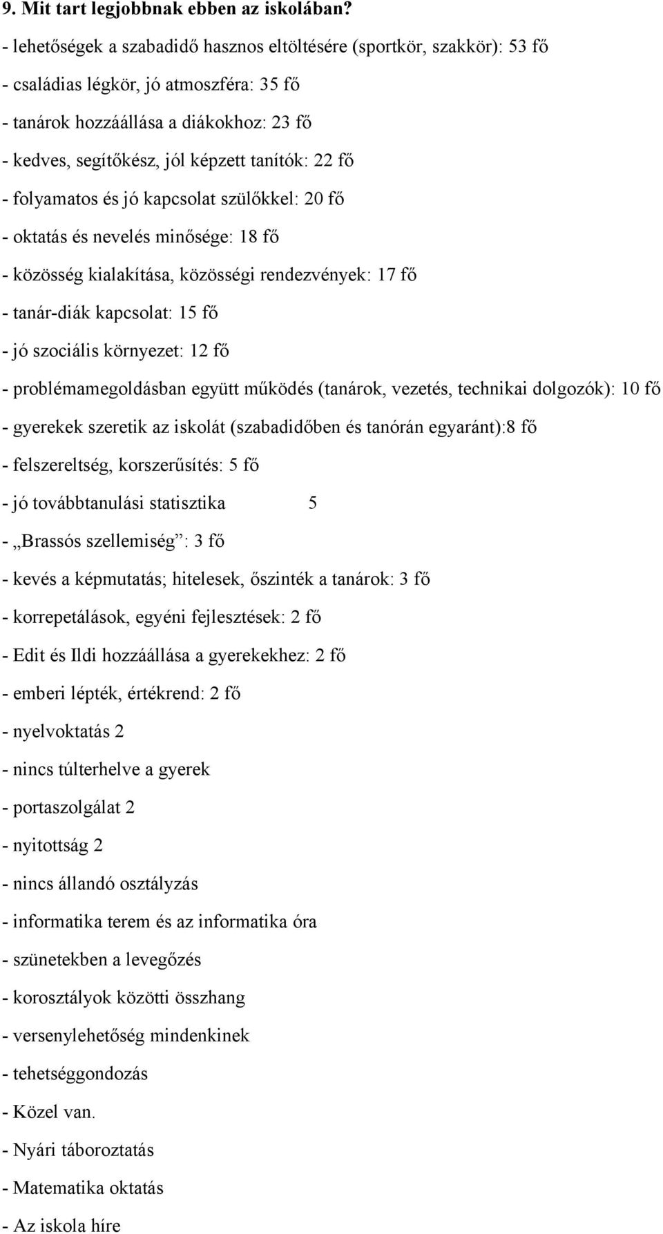 - folyamatos és jó kapcsolat szülőkkel: 0 fő - oktatás és nevelés minősége: 8 fő - közösség kialakítása, közösségi rendezvények: 7 fő - tanár-diák kapcsolat: 5 fő - jó szociális környezet: fő -