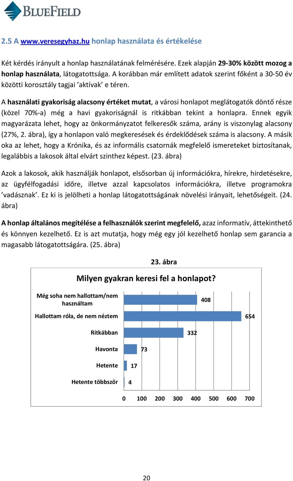 A használati gyakoriság alacsony értéket mutat, a városi honlapot meglátogatók döntő része (közel 70%-a) még a havi gyakoriságnál is ritkábban tekint a honlapra.