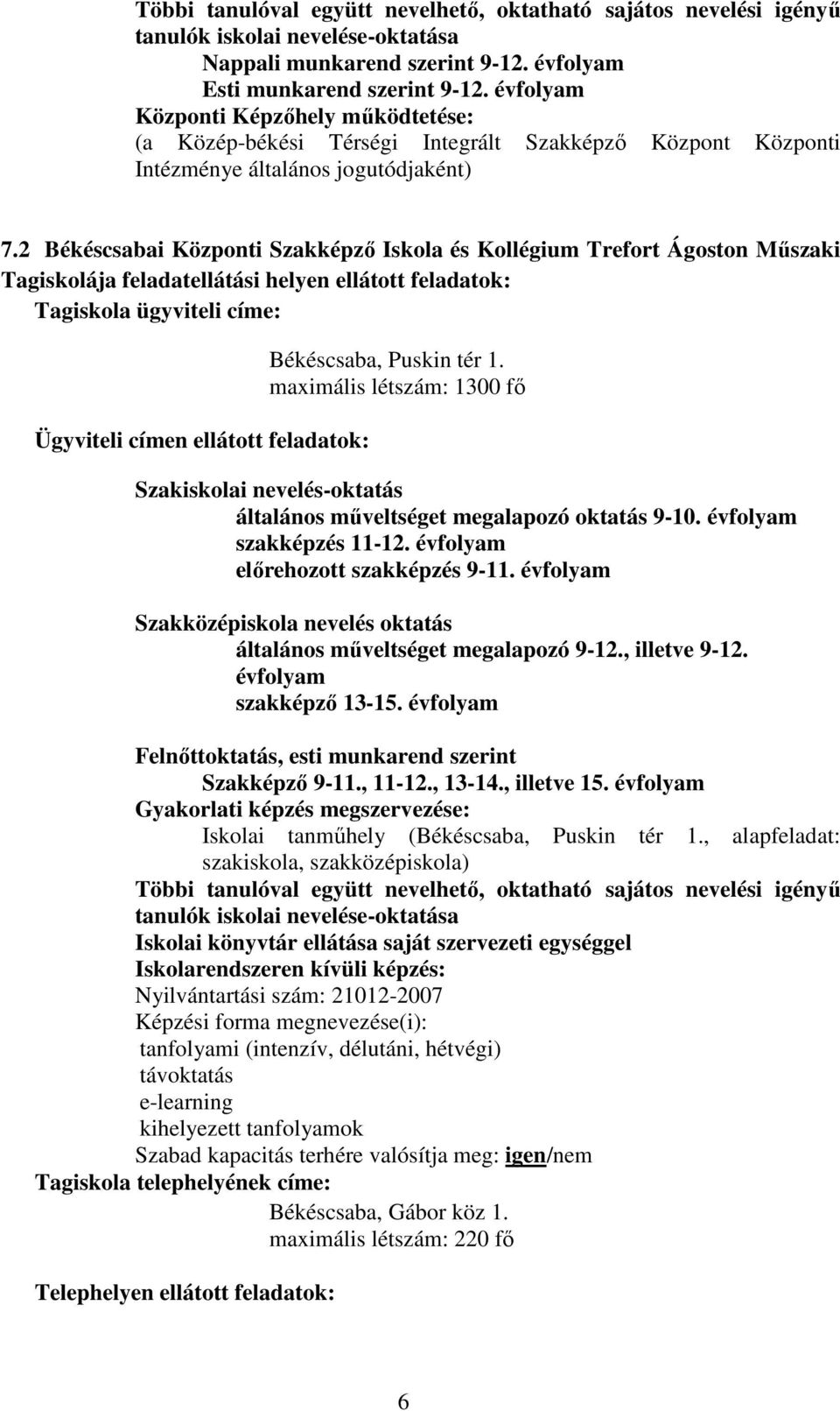 2 Békéscsabai Központi Szakképző Iskola és Kollégium Trefort Ágoston Műszaki Tagiskolája feladatellátási helyen ellátott feladatok: Tagiskola ügyviteli címe: Ügyviteli címen ellátott feladatok: